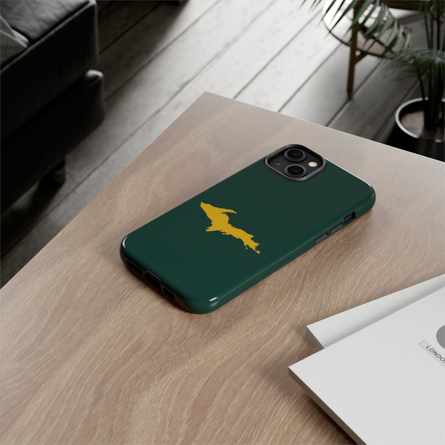 Michigan Upper Peninsula Tough Phone Case (Green w/ Gold UP Outline) | Apple iPhone