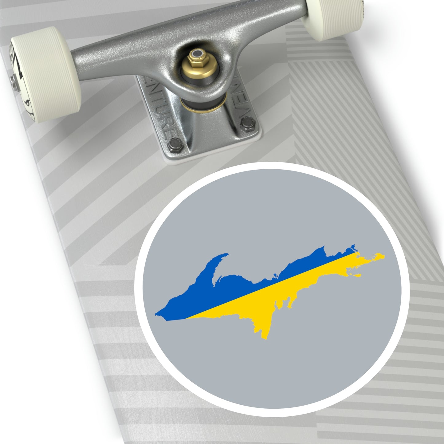 Michigan Upper Peninsula Round Stickers (Silver w/ UP Ukraine Flag Outline) | Indoor\Outdoor