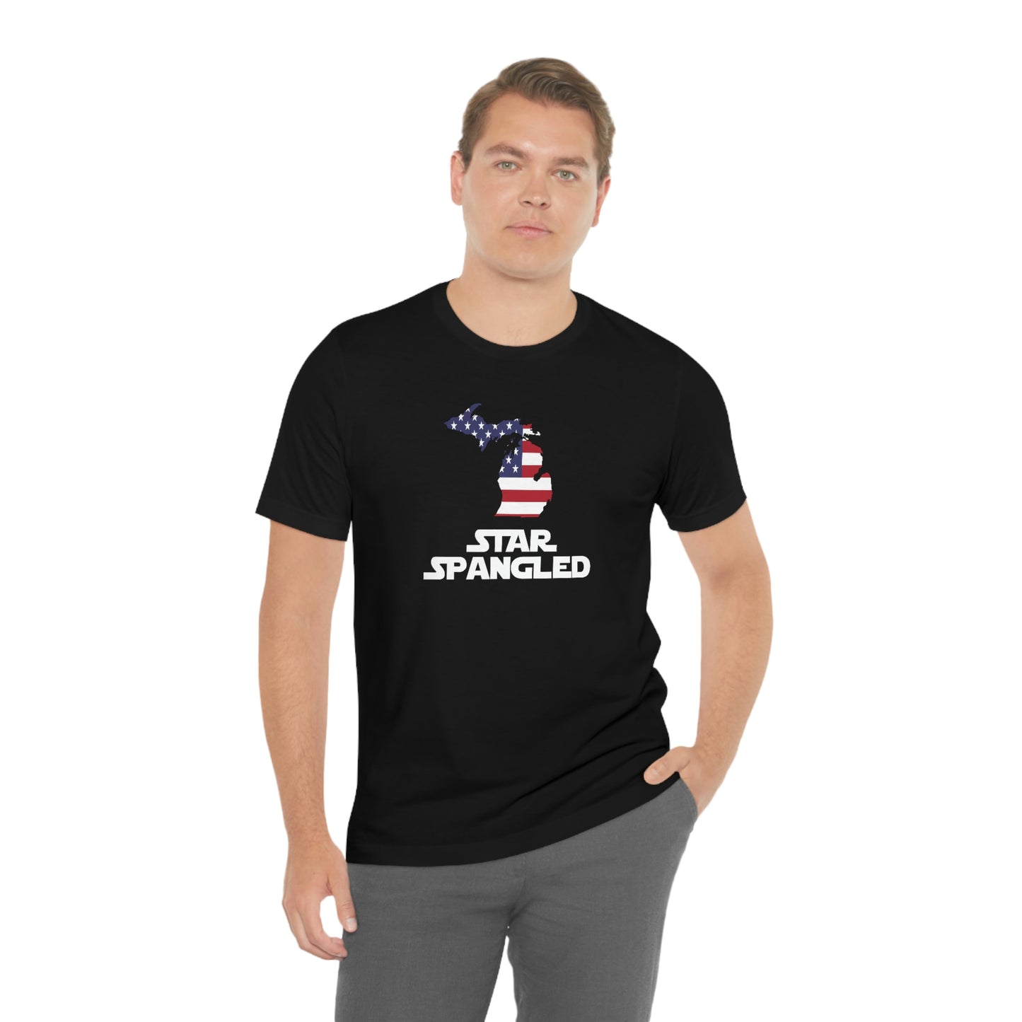 Michigan 'Star Spangled' T-Shirt (Epic Sci Fi Font w/ MI USA Flag Outline) | Unisex Standard Fit