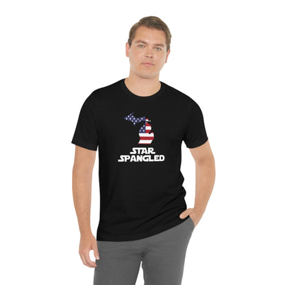 Michigan 'Star Spangled' T-Shirt (Epic Sci Fi Font w/ MI USA Flag Outline) | Unisex Standard Fit