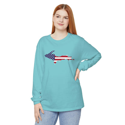 Michigan Upper Peninsula Garment-Dyed T-Shirt (w/ UP USA Flag Outline) | Unisex Long Sleeve