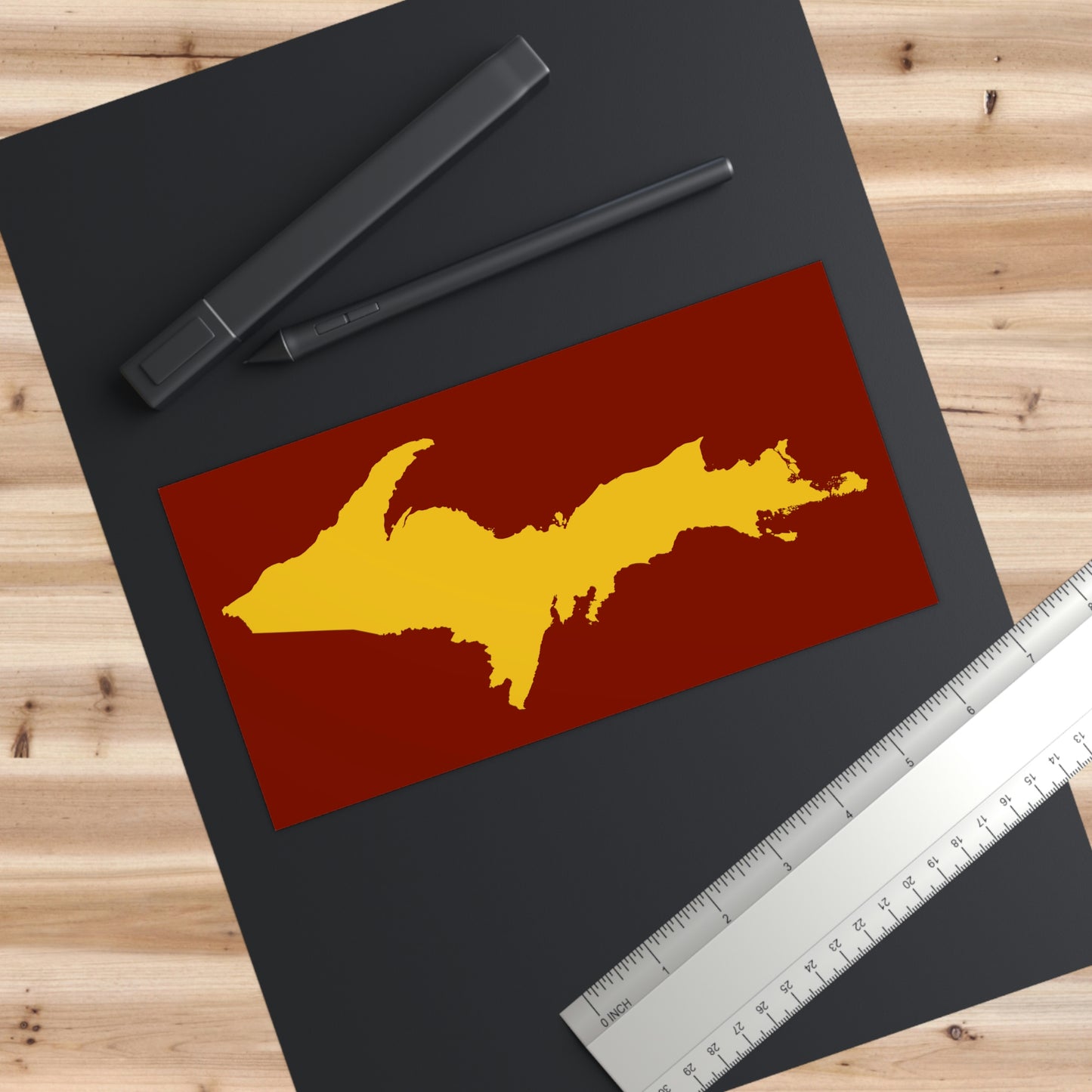 Michigan Upper Peninsula Bumper Sticker (w/ Gold UP Outline) | Traverse Cherry Red Background