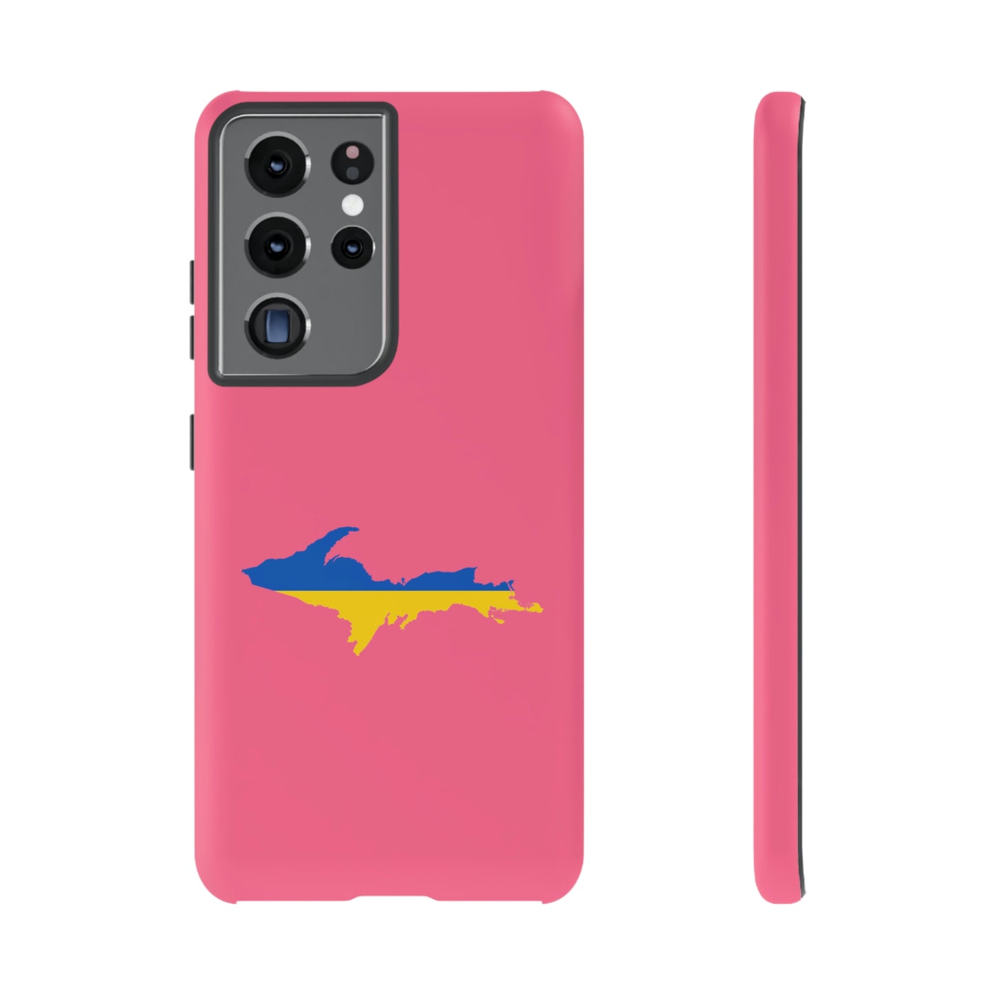 Michigan Upper Peninsula Tough Phone Case (Rhodochrosite Pink w/ UP Ukraine Flag Outline) | Samsung & Pixel Android