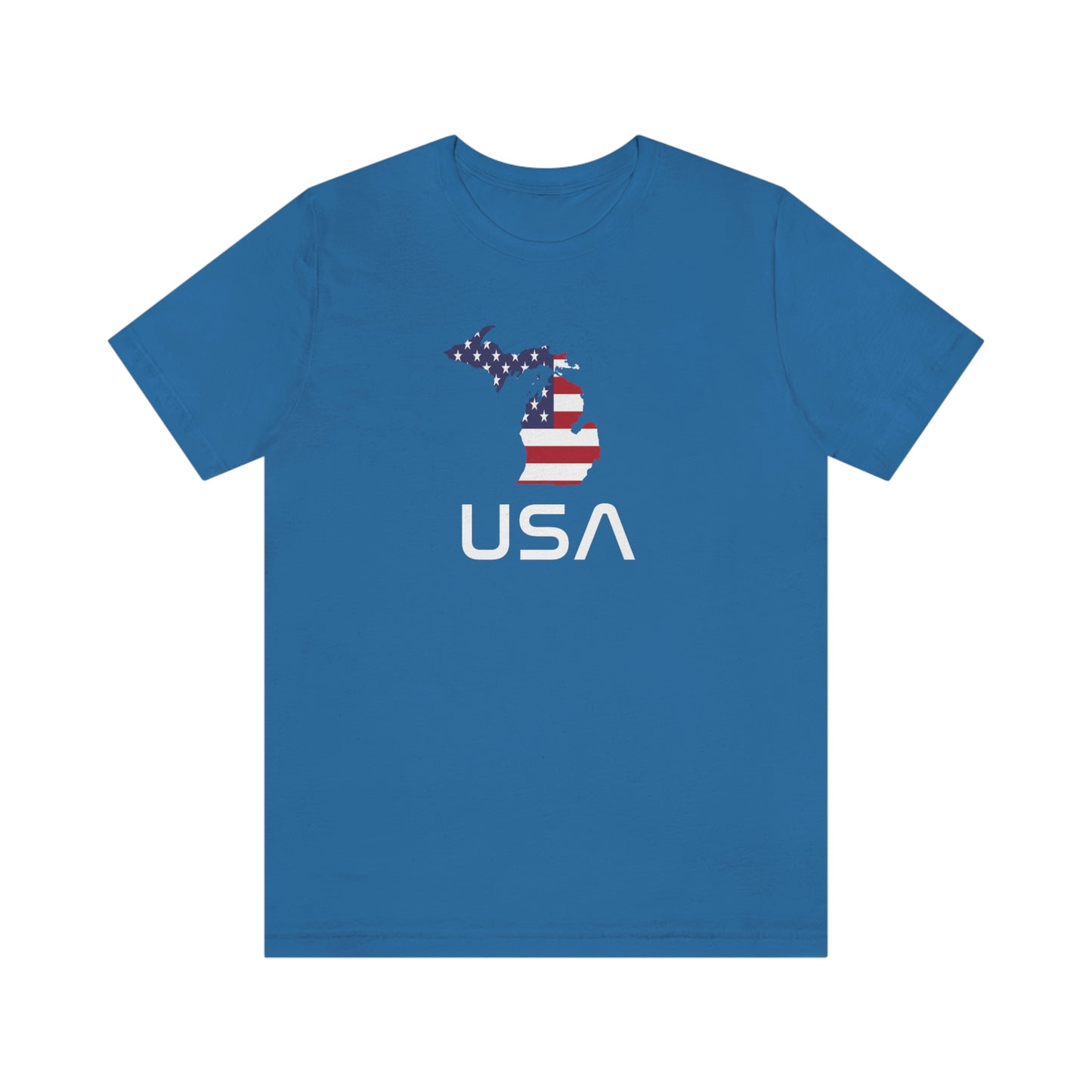 Michigan 'USA' T-Shirt (Space Agency Font w/ MI USA Flag Outline) | Unisex Standard Fit