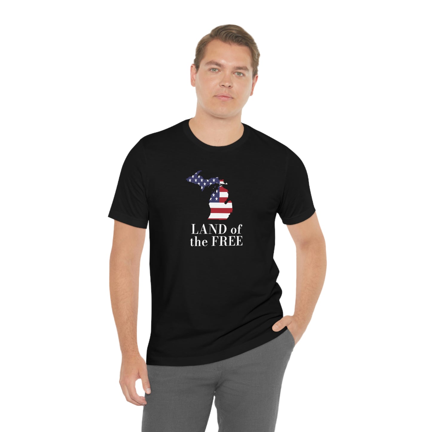 Michigan 'Land of the Free' T-Shirt (Didone Font w/ MI USA Flag Outline) | Unisex Standard Fit