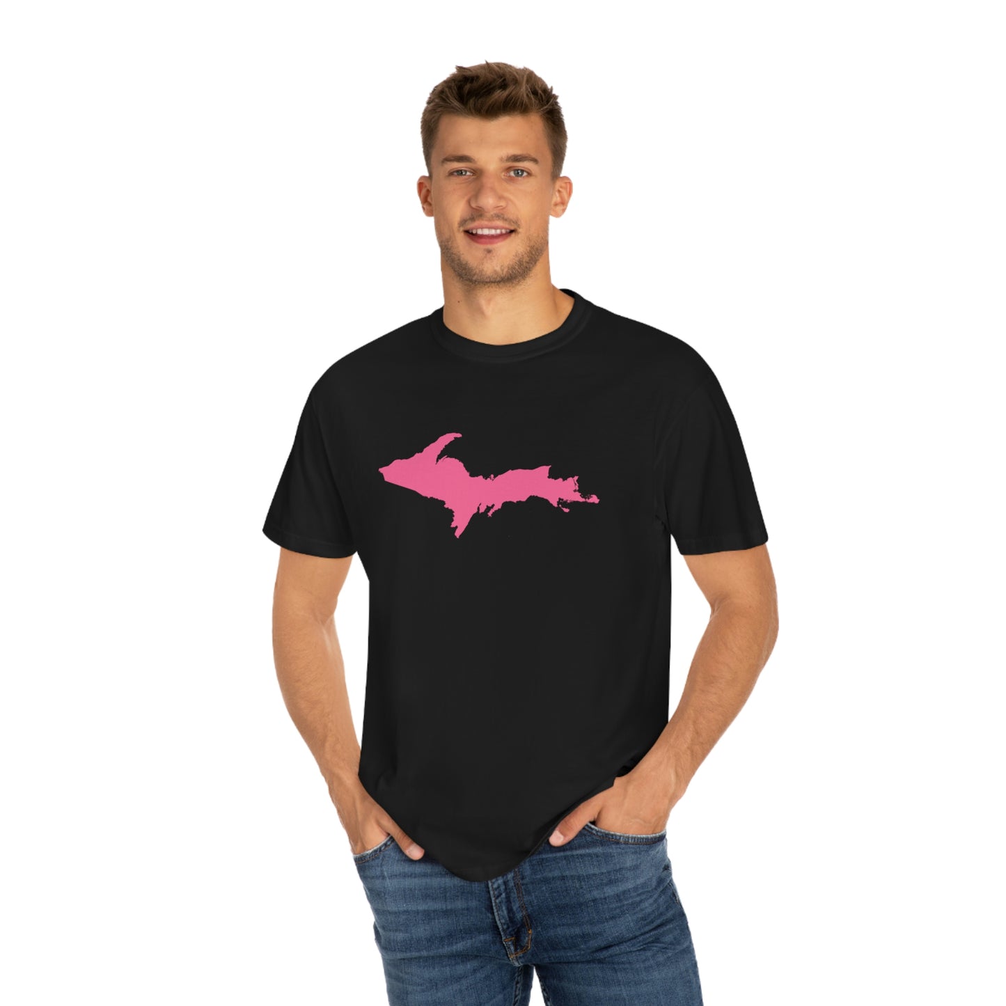 Michigan Upper Peninsula T-Shirt (w/ Pink UP Outline) | Unisex Garment-Dyed