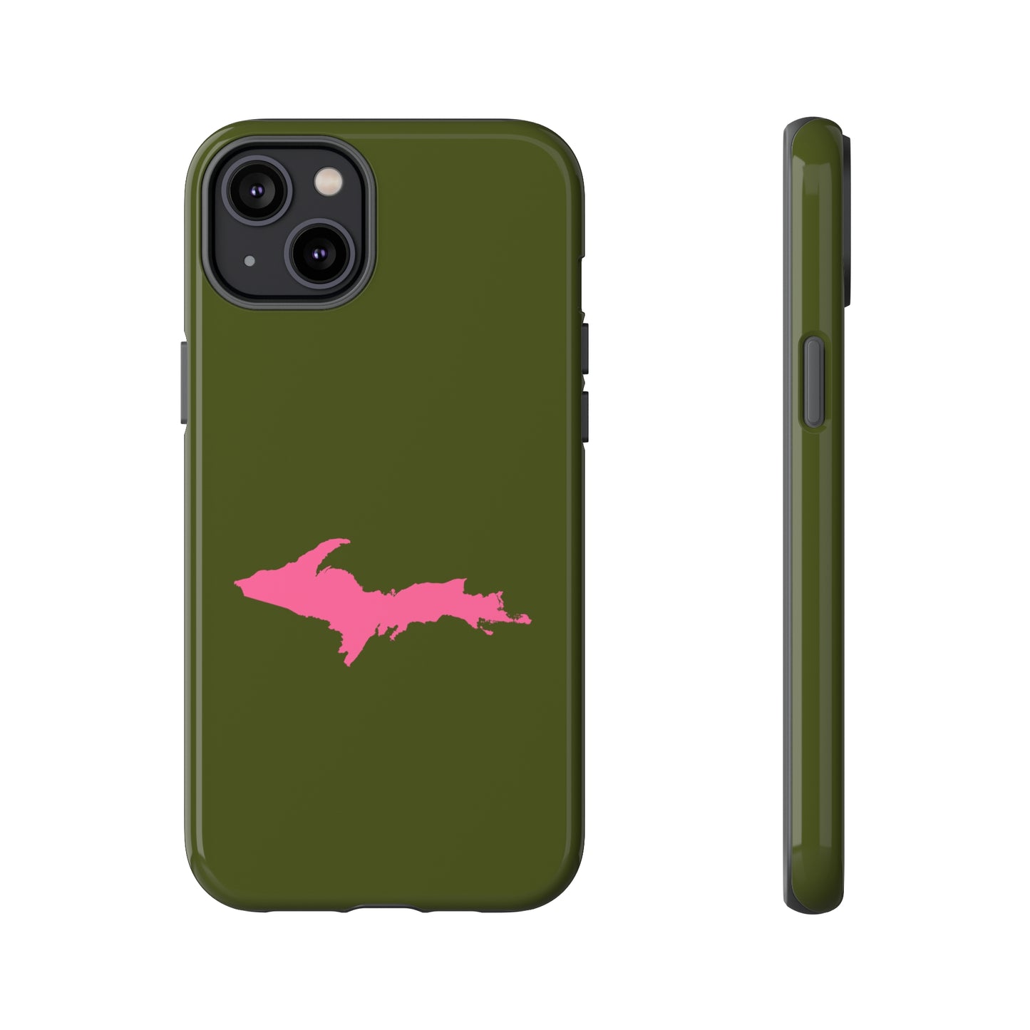 Michigan Upper Peninsula Tough Phone Case (Army Green w/ Pink UP Outline) | Apple iPhone