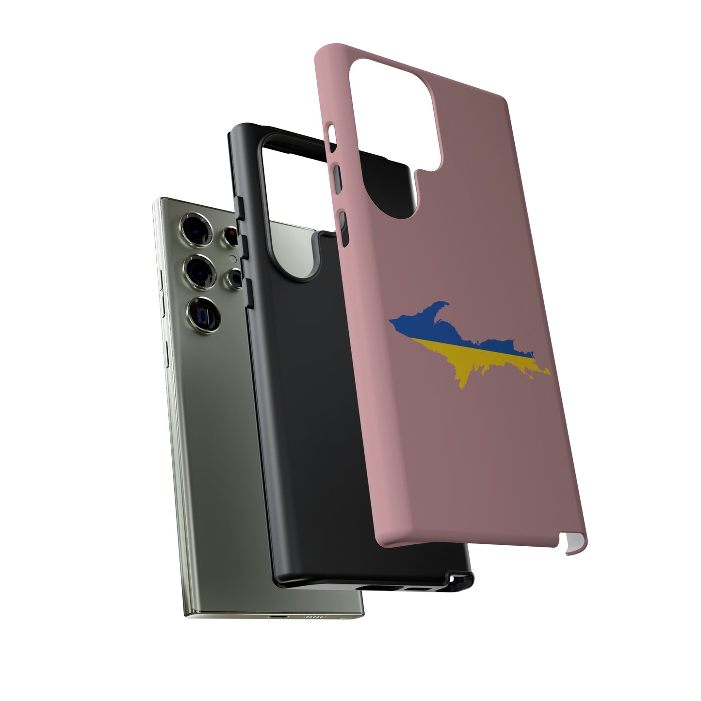 Michigan Upper Peninsula Tough Phone Case (Cherry Blossom Pink w/ UP Ukraine Flag Outline) | Samsung & Pixel Android