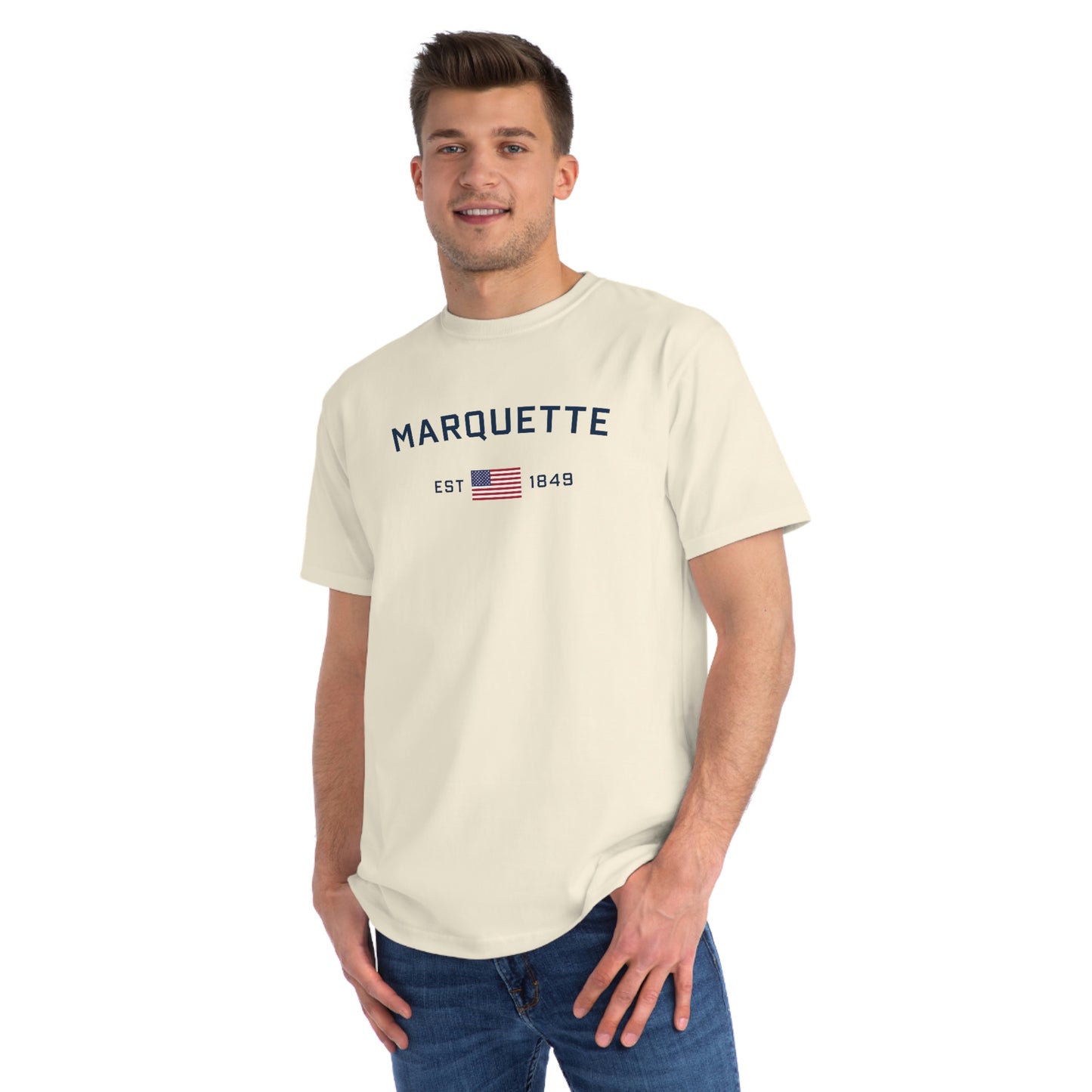 'Marquette EST 1849' T-Shirt (White/Navy Type w/ USA Flag | Organic Unisex