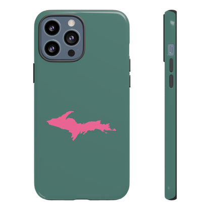 Michigan Upper Peninsula Tough Phone Case (Copper Green w/ Pink UP Outline) | Apple iPhone