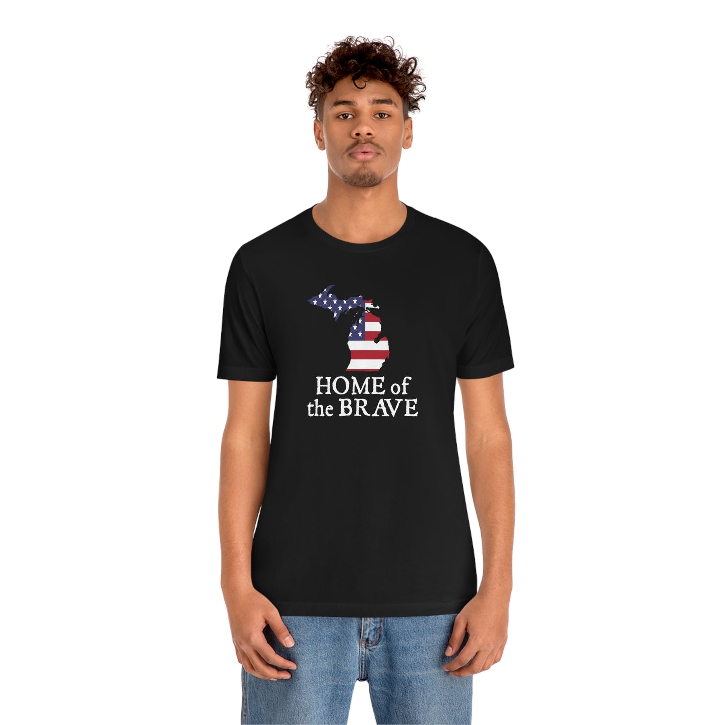 Michigan 'Home of the Brave' T-Shirt (Patriot Font w/ MI USA Outline) | Unisex Standard Fit