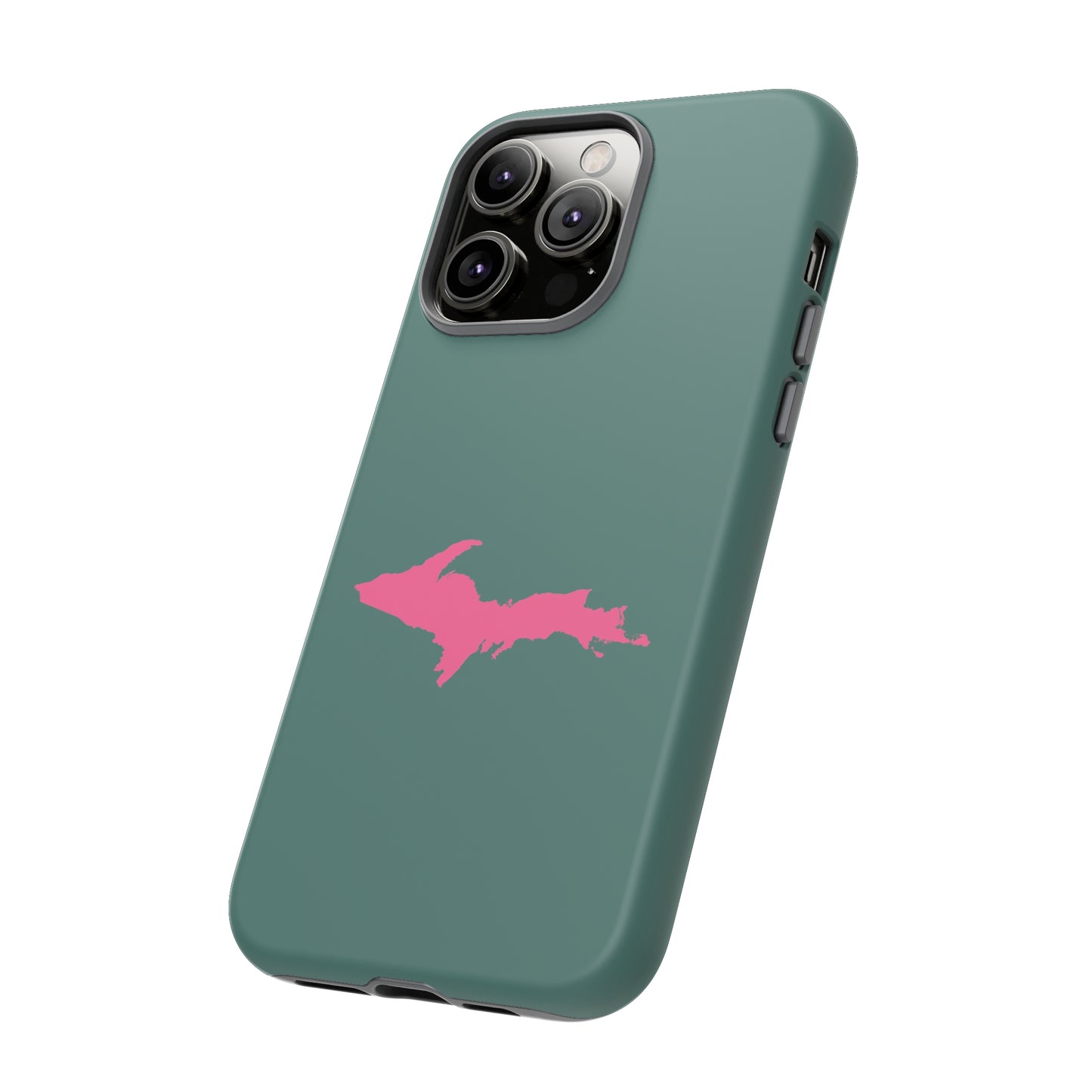 Michigan Upper Peninsula Tough Phone Case (Copper Green w/ Pink UP Outline) | Apple iPhone