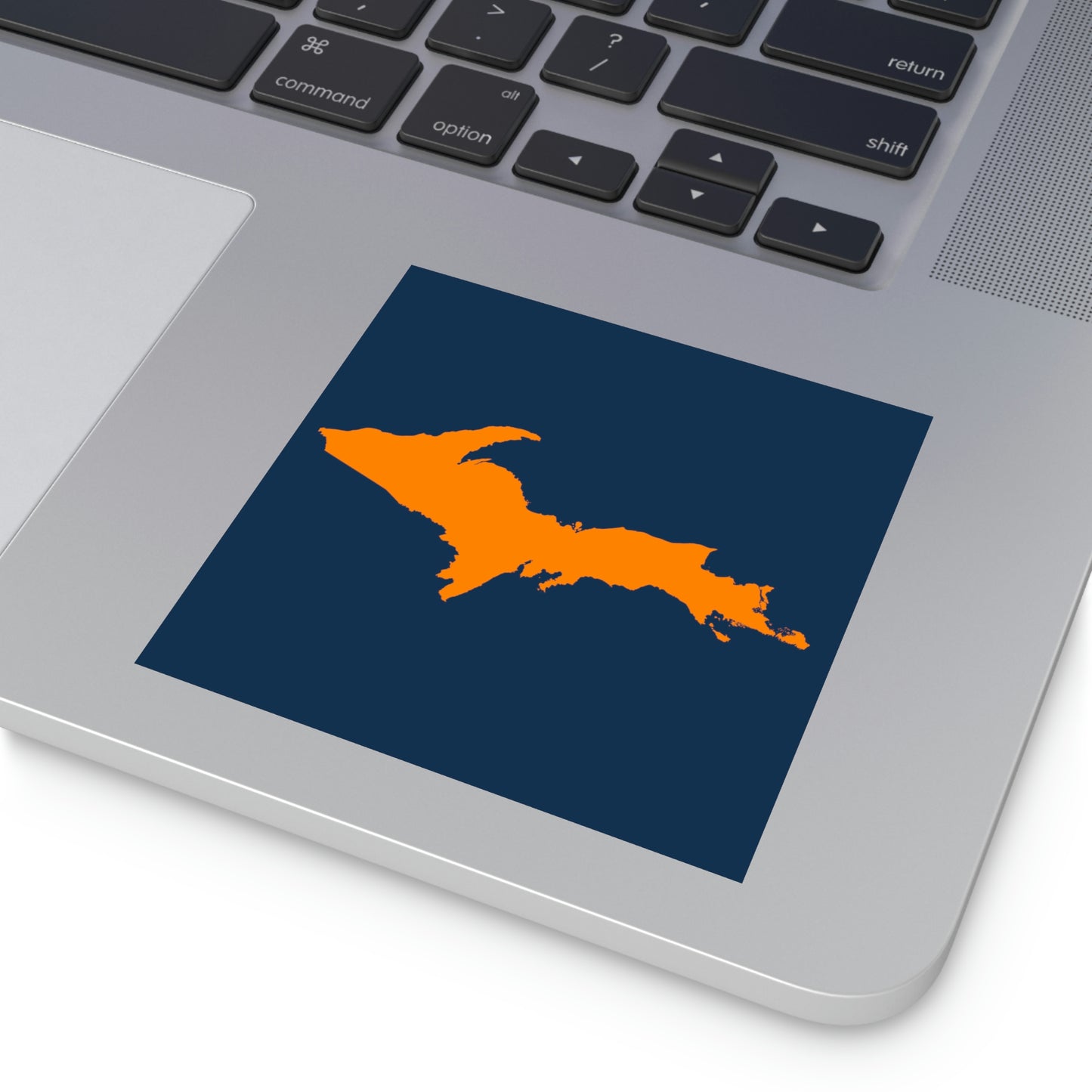 Michigan Upper Peninsula Square Sticker (Navy w/ Orange UP Outline) | Indoor/Outdoor