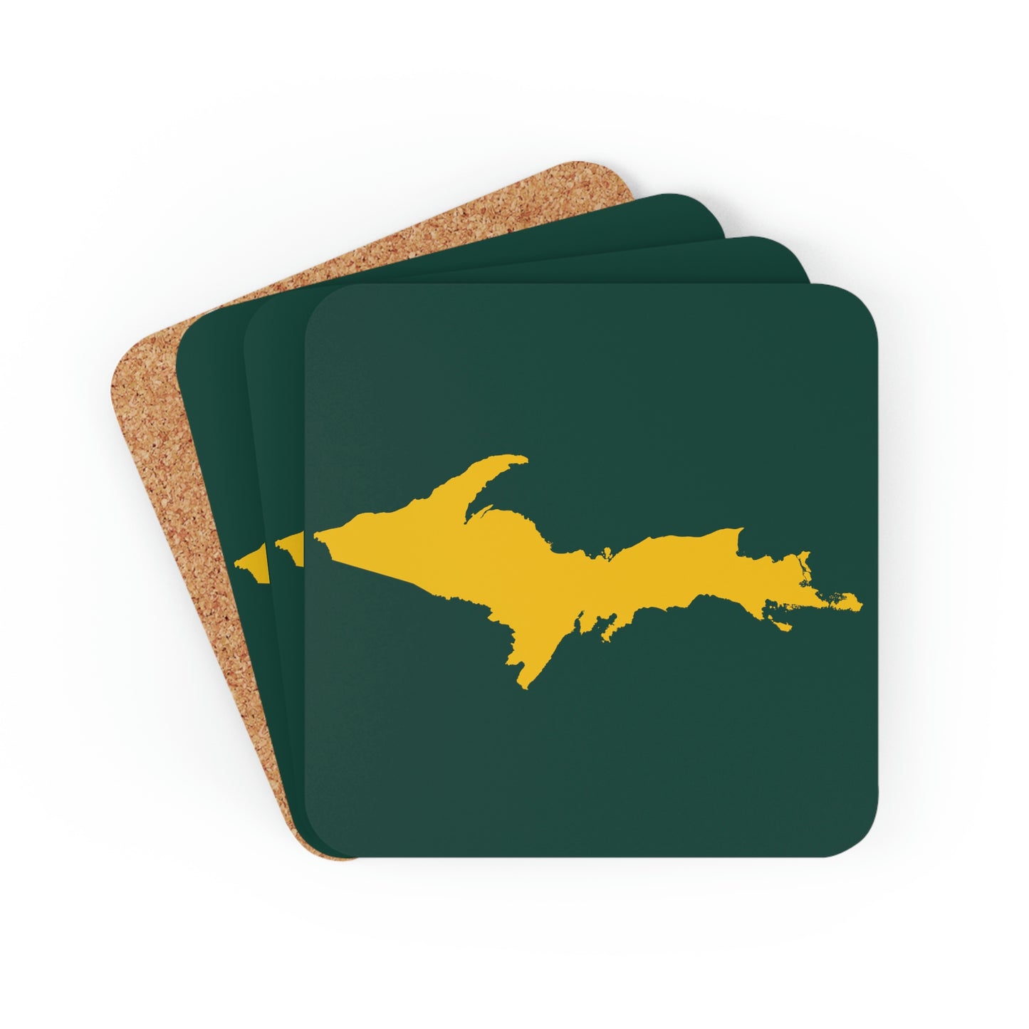 Michigan Upper Peninsula Coaster Set (Green w/ Gold UP Outline) | Corkwood - 4 pack