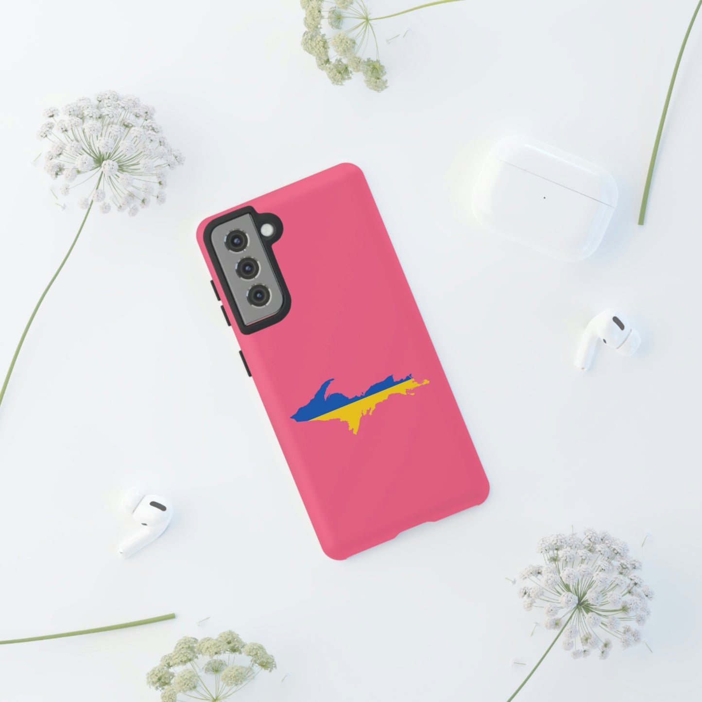 Michigan Upper Peninsula Tough Phone Case (Rhodochrosite Pink w/ UP Ukraine Flag Outline) | Samsung & Pixel Android