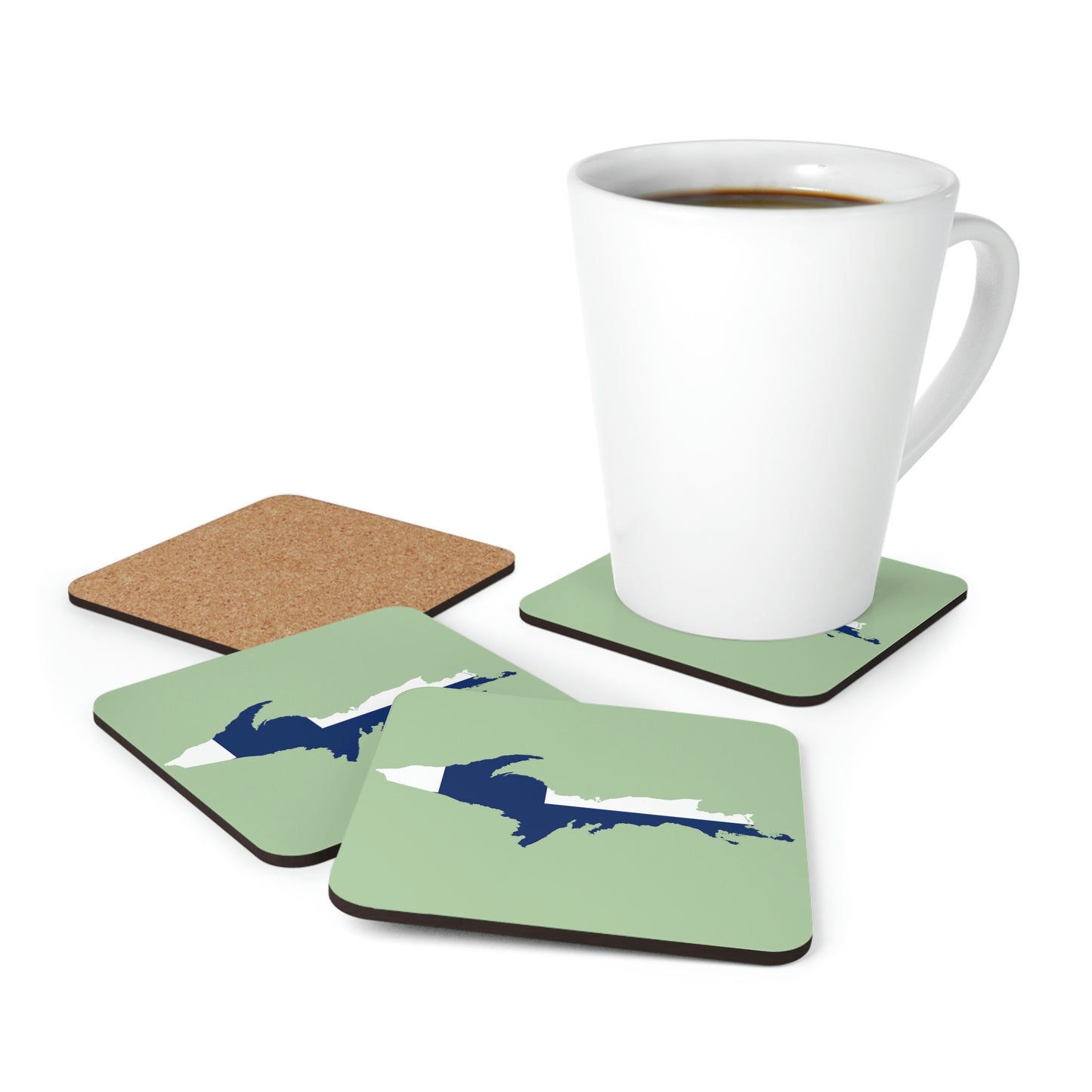 Michigan Upper Peninsula Coaster Set (Green Tea Color w/ UP Ukraine Flag Outline) | Corkwood - 4 pack