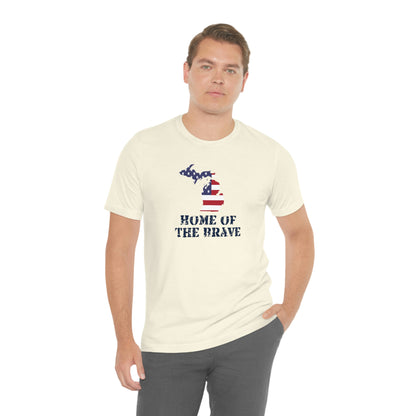 Michigan 'Home of the Brave' T-Shirt (Distressed Stencil Font w/ MI USA Outline) | Unisex Standard Fit