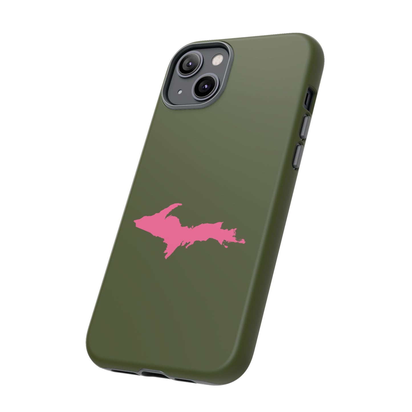 Michigan Upper Peninsula Tough Phone Case (Army Green w/ Pink UP Outline) | Apple iPhone