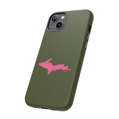 Michigan Upper Peninsula Tough Phone Case (Army Green w/ Pink UP Outline) | Apple iPhone