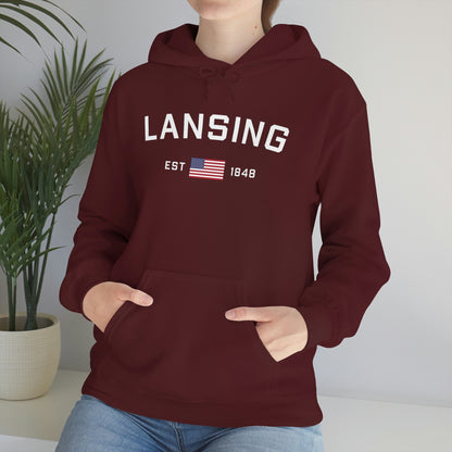 'Lansing EST 1848' Hoodie (w/USA Flag Outline) | Unisex Standard