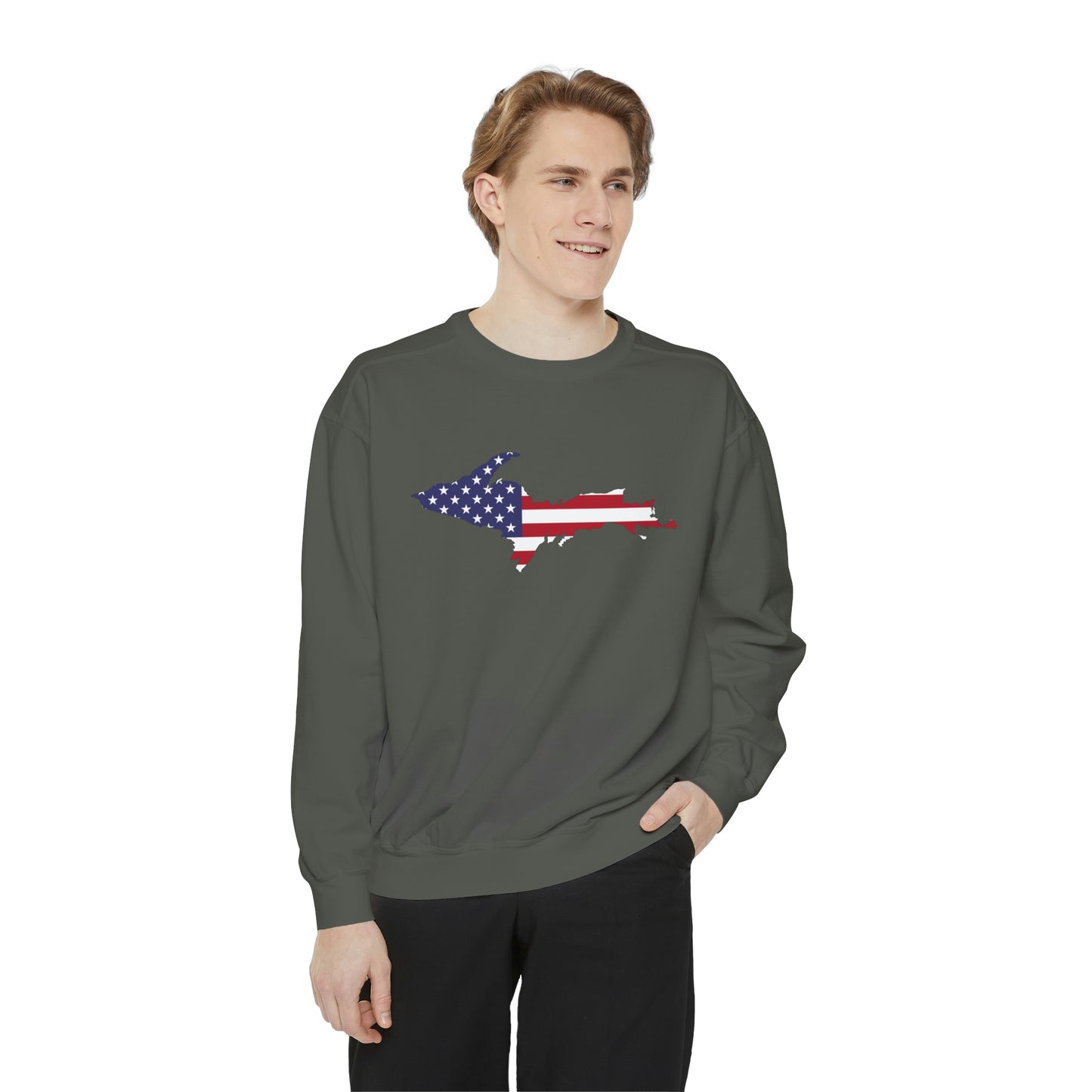 Michigan Upper Peninsula Sweatshirt (w/ UP USA Flag Outline) | Unisex Garment Dyed