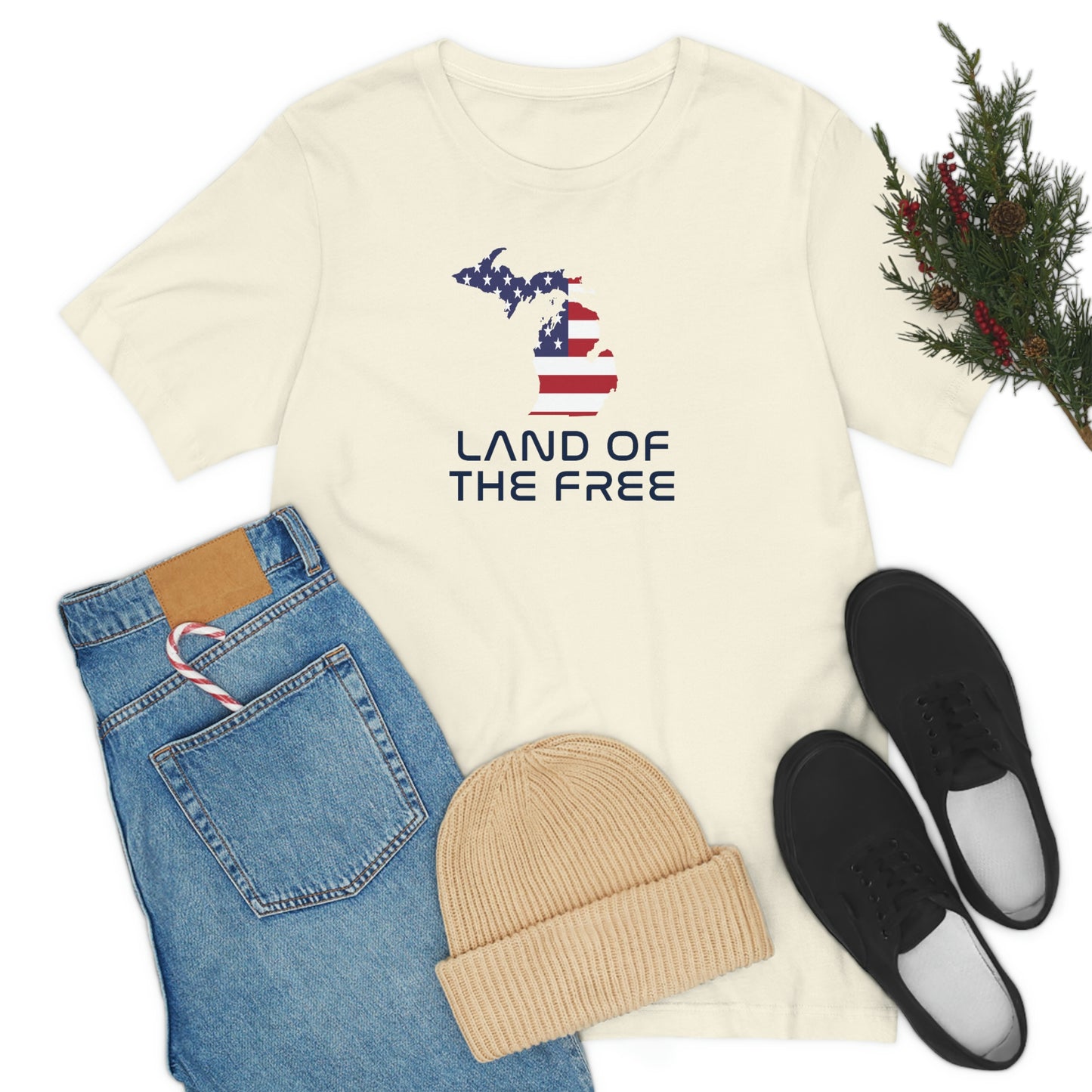 Michigan 'Land of the Free' T-Shirt (Space Agency Font w/ MI USA Flag Outline) | Unisex Standard Fit