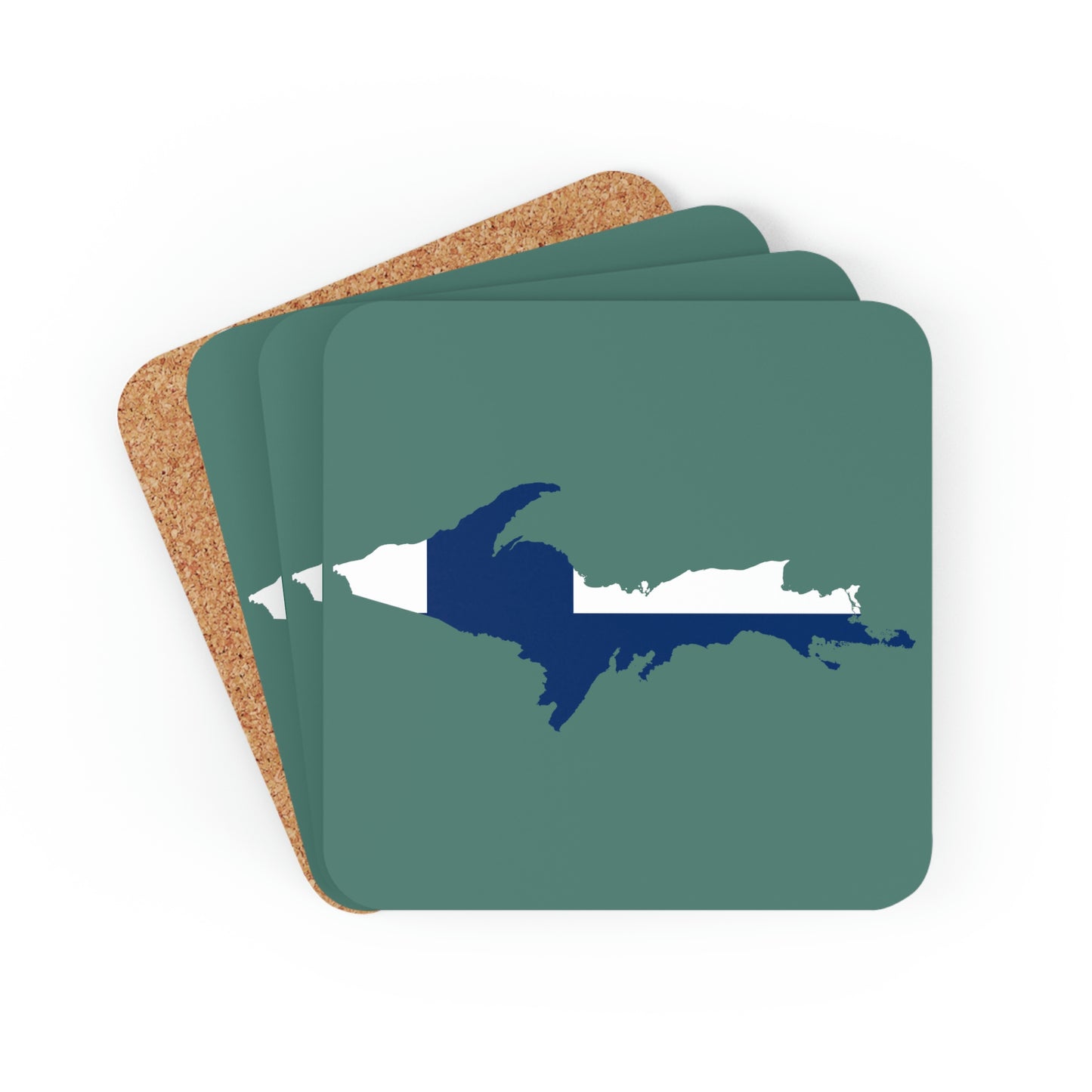 Michigan Upper Peninsula Coaster Set (Copper Green w/ UP Ukraine Flag Outline) | Corkwood - 4 pack