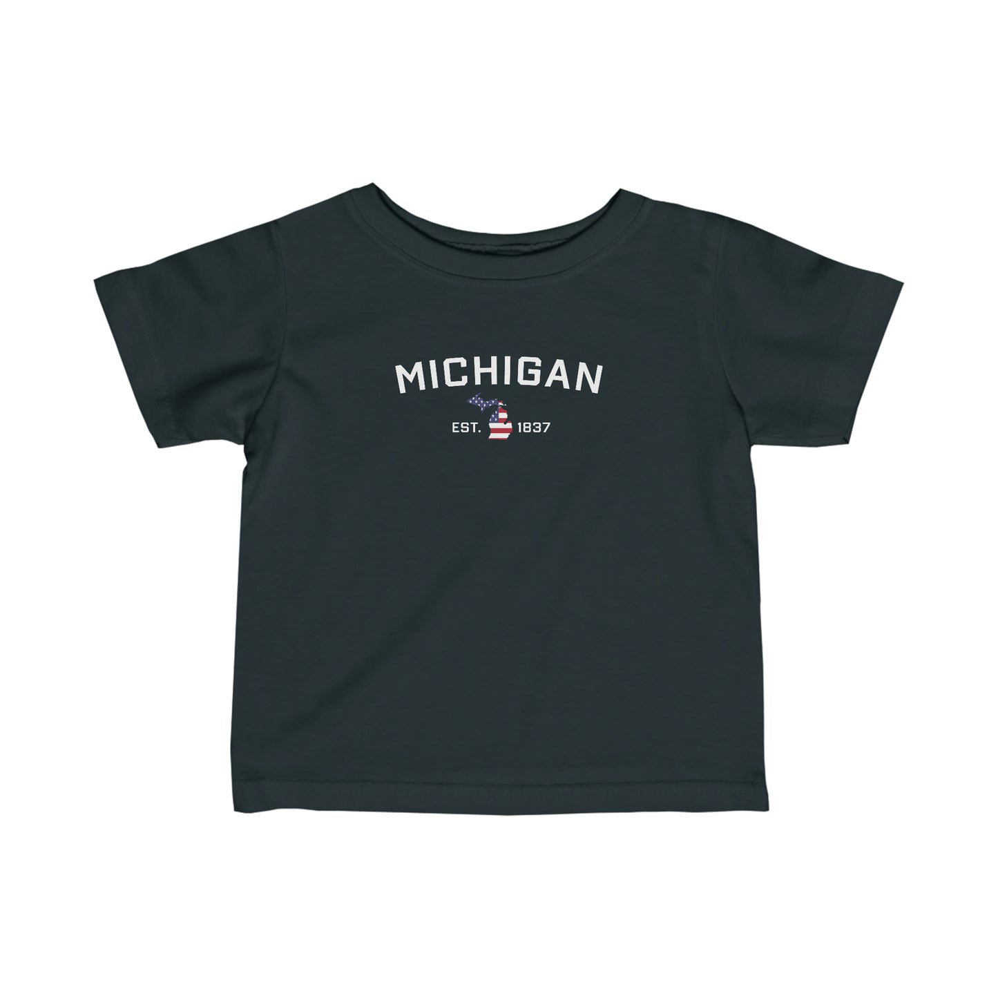 'Michigan EST 1837' T-Shirt (w/ MI USA Flag Outline)|  Infant Short Sleeve