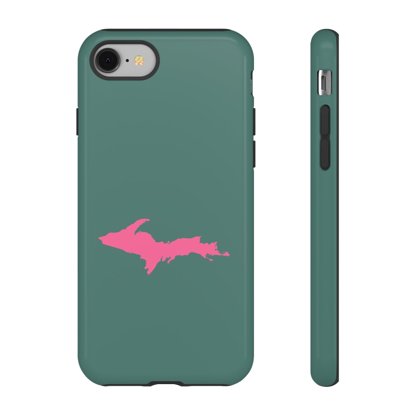 Michigan Upper Peninsula Tough Phone Case (Copper Green w/ Pink UP Outline) | Apple iPhone