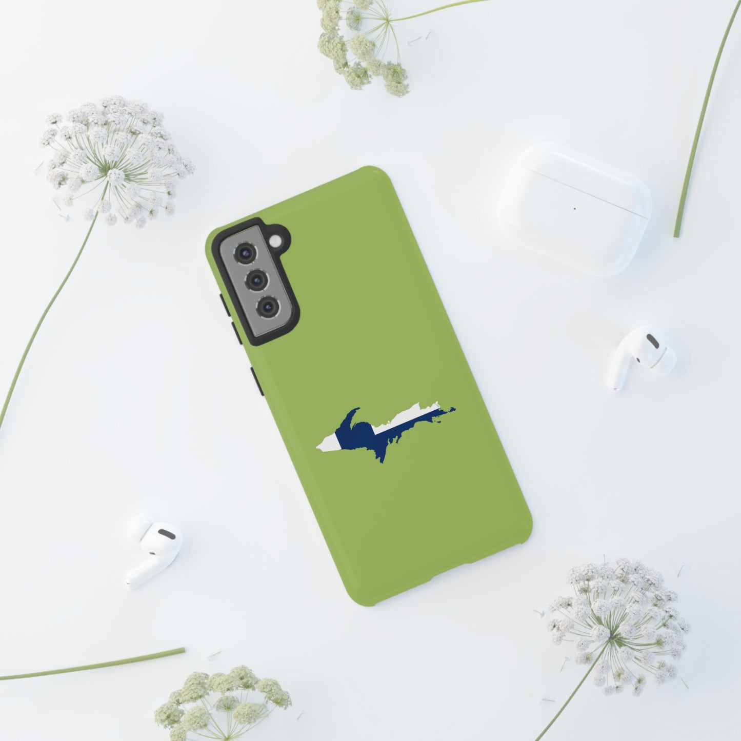 Michigan Upper Peninsula Tough Phone Case (Gooseberry Green w/ UP Finland Flag Outline) | Samsung & Pixel Android