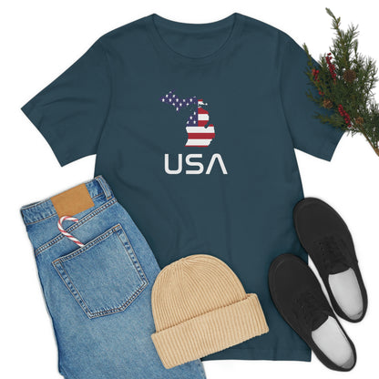 Michigan 'USA' T-Shirt (Space Agency Font w/ MI USA Flag Outline) | Unisex Standard Fit