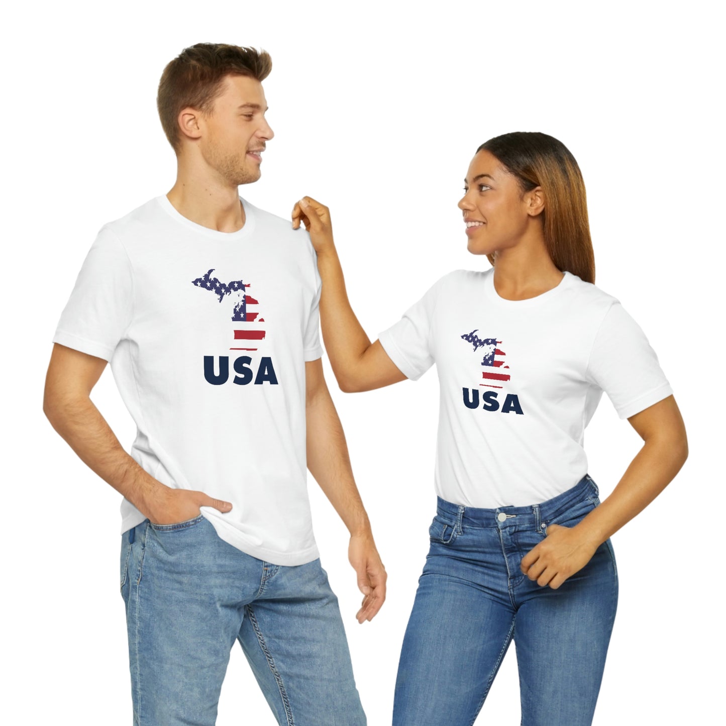 Michigan 'USA' T-Shirt (Geometric Sans Font w/ MI USA Flag Outline) | Unisex Standard Fit