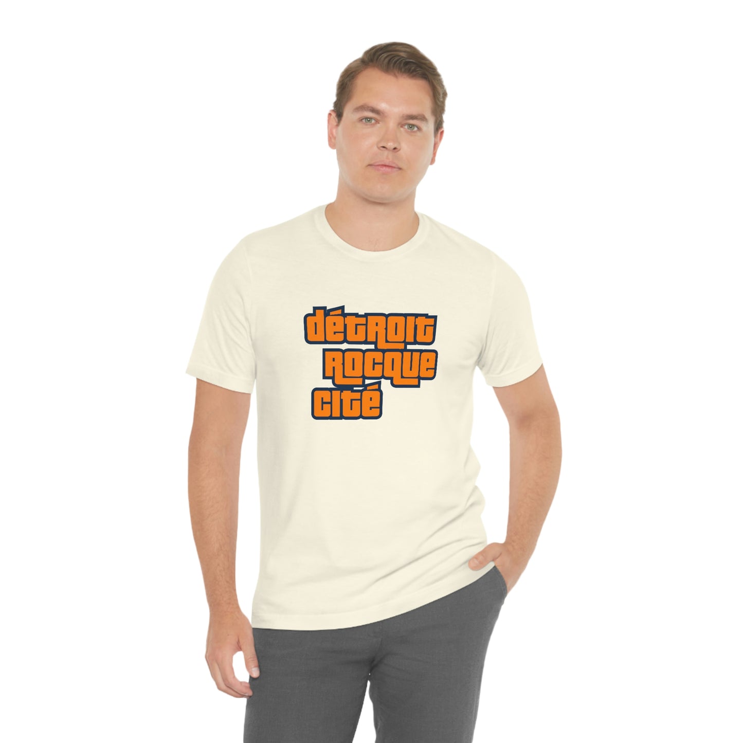 'Détroit Rocque Cité' T-Shirt (Orange Automotive Crime Parody) | Unisex Standard Fit