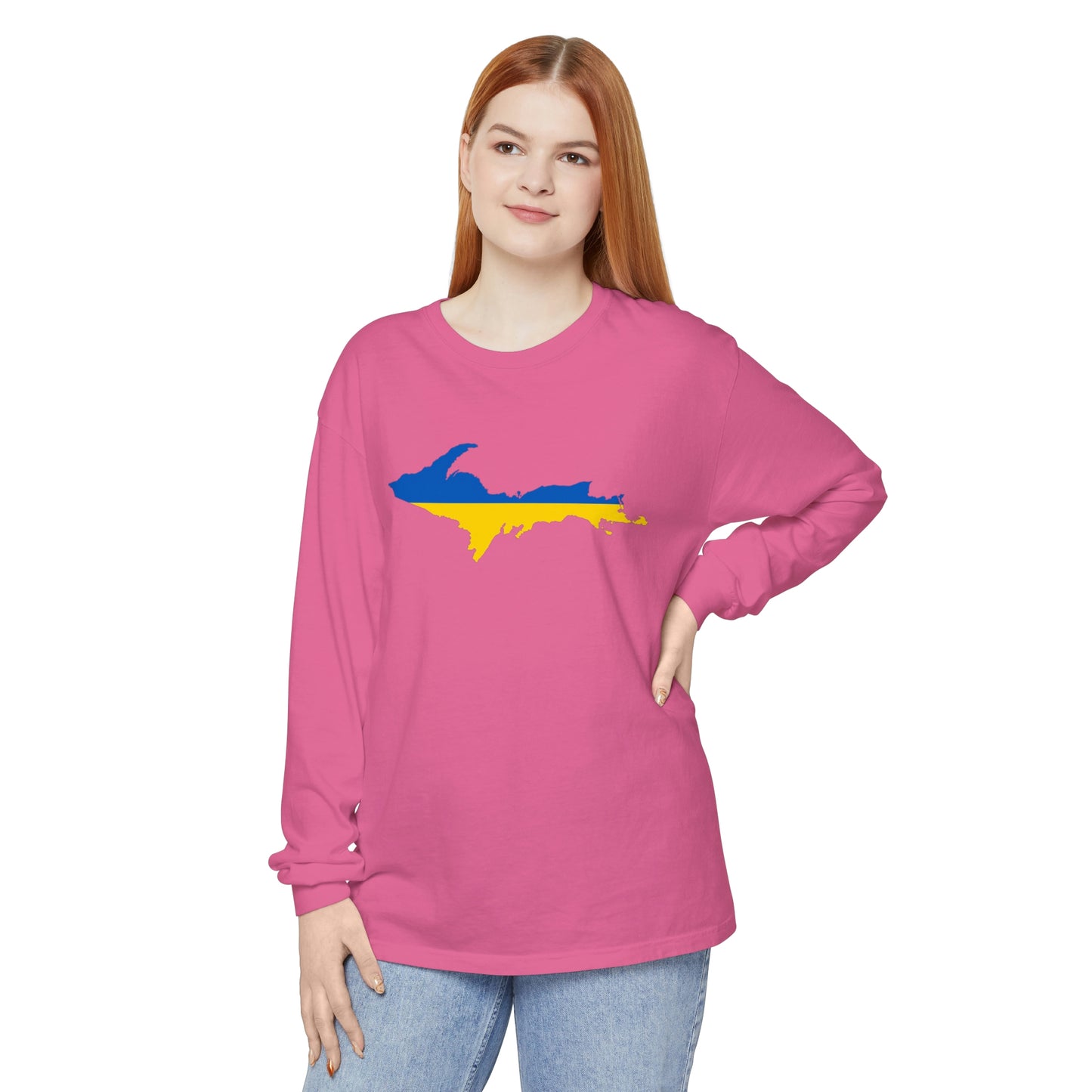 Michigan Upper Peninsula Garment-Dyed T-Shirt (w/ UP Ukraine Flag Outline) | Unisex Long Sleeve