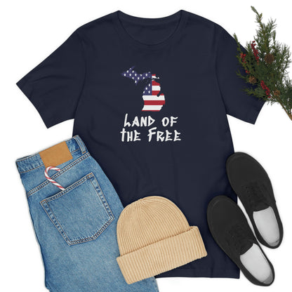 Michigan 'Land of the Free' T-Shirt (Tag Font w/ MI USA Flag Outline) | Unisex Standard Fit