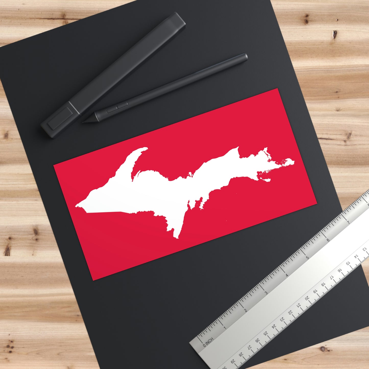 Michigan Upper Peninsula Bumper Sticker (w/ UP Outline) | Lighthouse Red Background