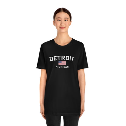 'Detroit Michigan' T-Shirt (w/USA Flag Outline) | Unisex Standard Fit