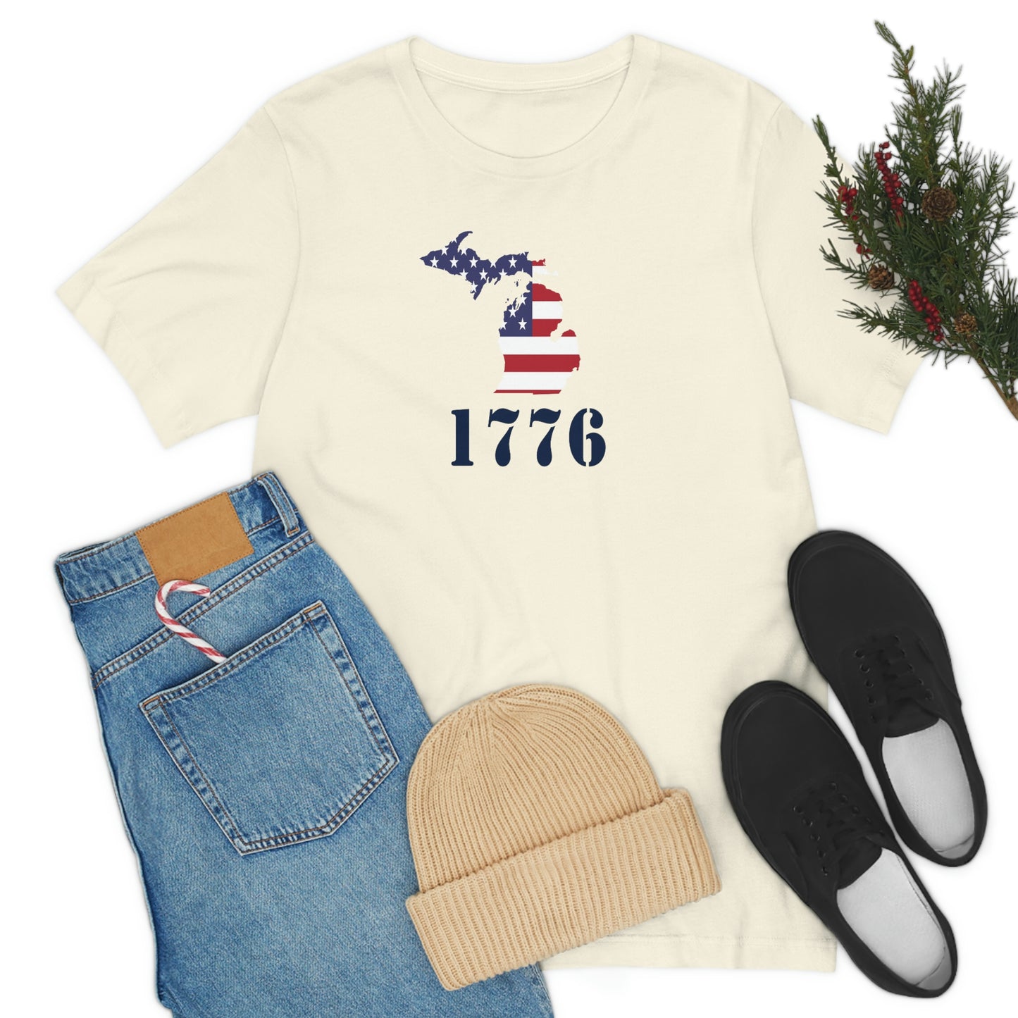 Michigan '1776' T-Shirt (Army Stencil Font w/ MI USA Flag Outline) | Unisex Standard Fit