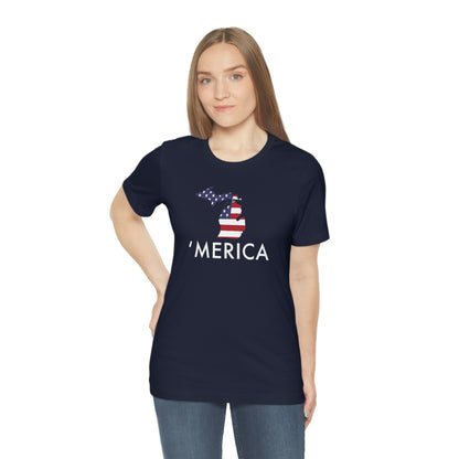 Michigan 'Merica' T-Shirt (Geometric Sans Font w/ MI USA Flag Outline) | Unisex Standard Fit