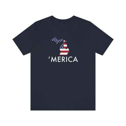 Michigan 'Merica' T-Shirt (Geometric Sans Font w/ MI USA Flag Outline) | Unisex Standard Fit