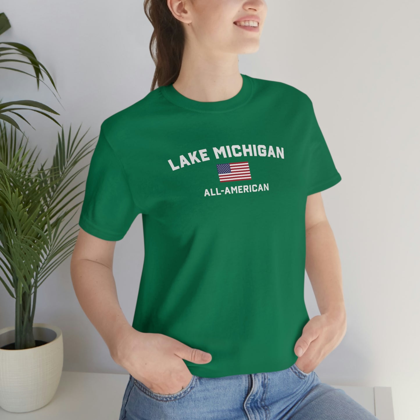 'Lake Michigan All American' T-Shirt (w/USA Flag Outline) | Unisex Standard Fit