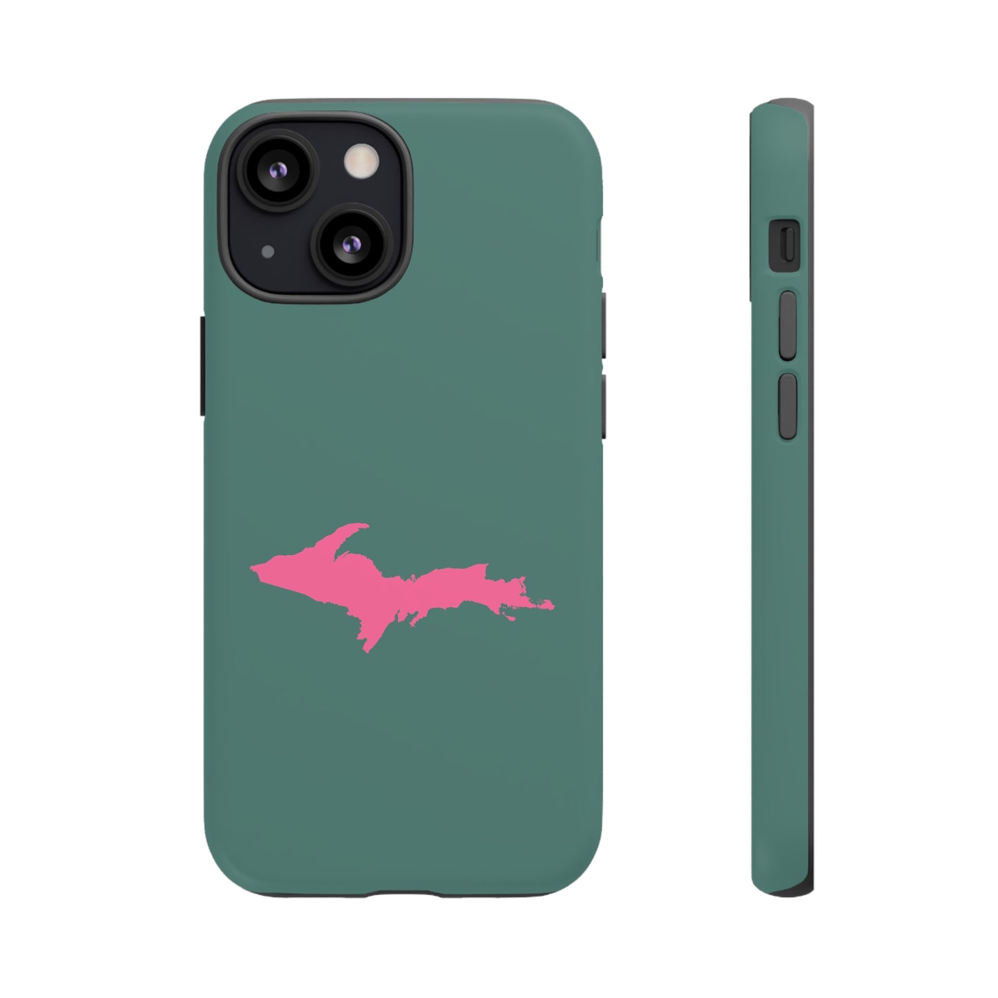 Michigan Upper Peninsula Tough Phone Case (Copper Green w/ Pink UP Outline) | Apple iPhone