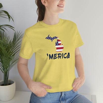 Michigan 'Merica' T-Shirt (Brush Font w/ MI USA Flag Outline) | Unisex Standard Fit