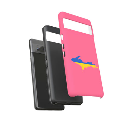 Michigan Upper Peninsula Tough Phone Case (Rhodochrosite Pink w/ UP Ukraine Flag Outline) | Samsung & Pixel Android