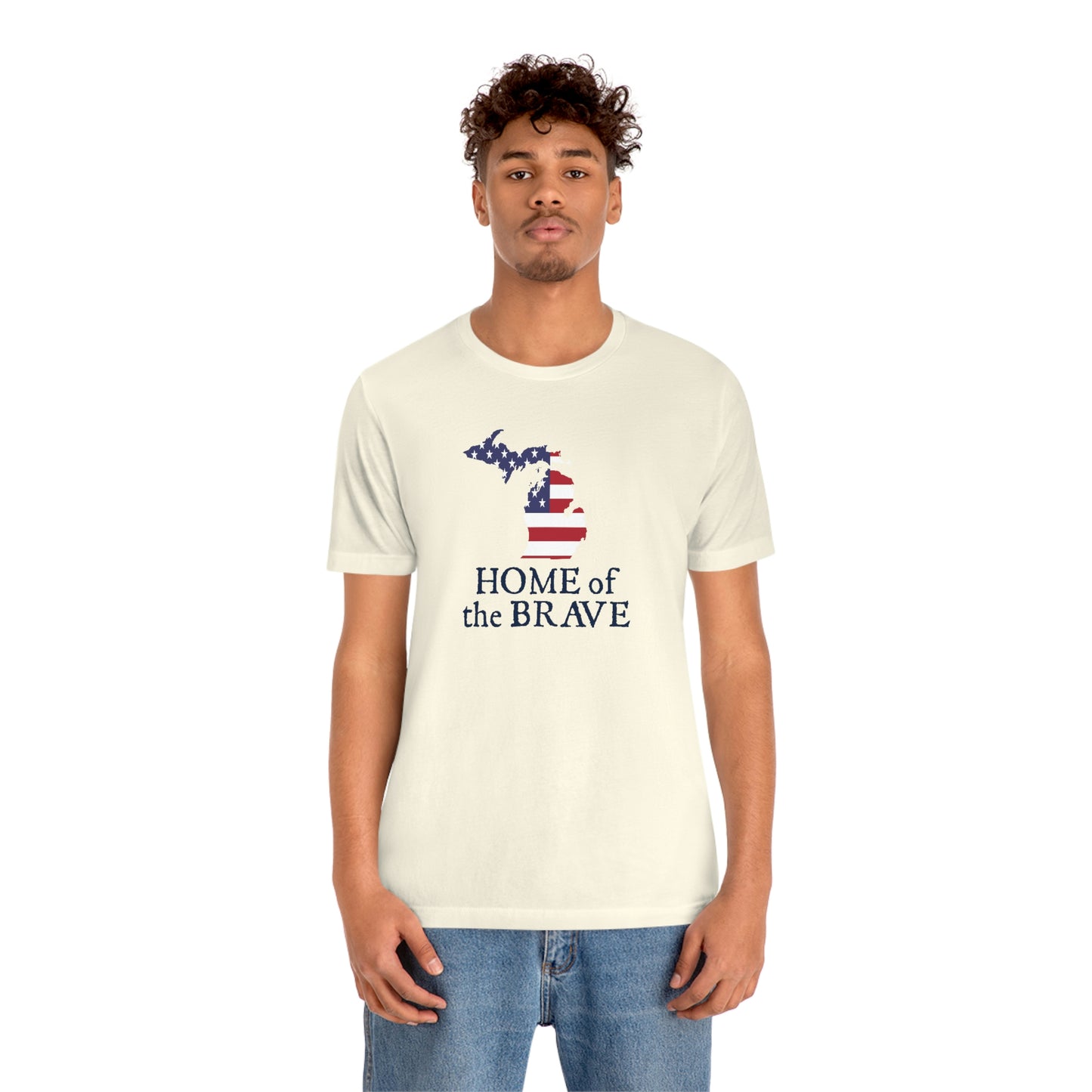 Michigan 'Home of the Brave' T-Shirt (Patriot Font w/ MI USA Outline) | Unisex Standard Fit