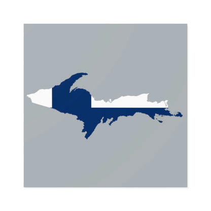 Michigan Upper Peninsula Square Sticker (Silver w/ UP Finland Flag Outline) | Indoor/Outdoor