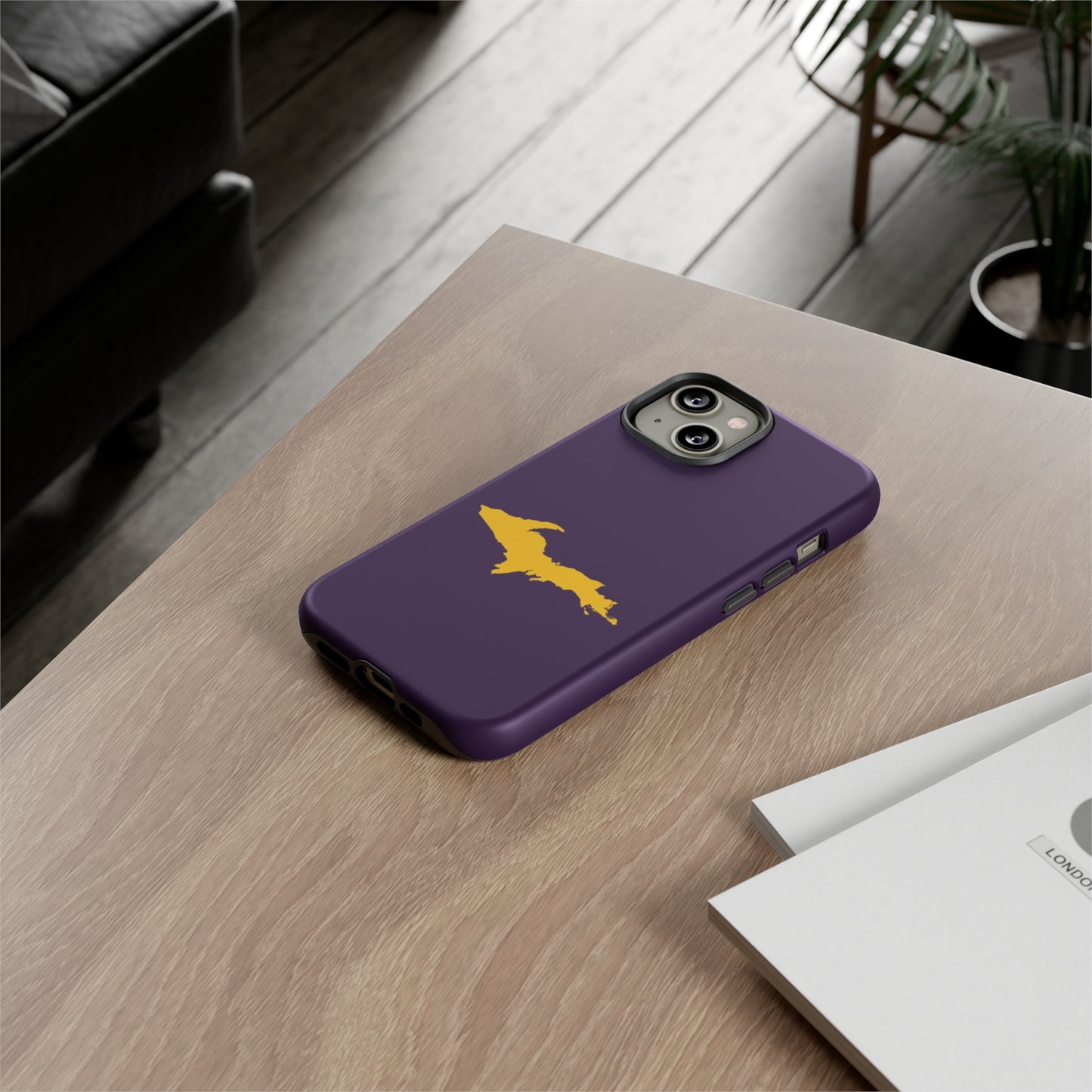 Michigan Upper Peninsula Tough Phone Case (Blackcurrant w/ Gold UP Outline) | Apple iPhone