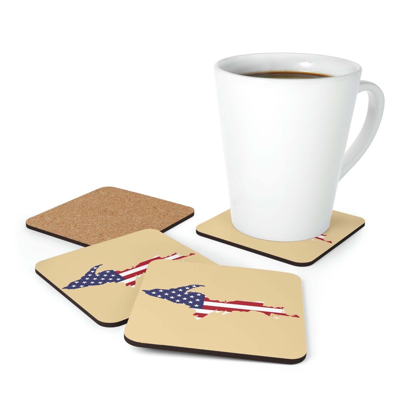 Michigan Upper Peninsula Coaster Set (Maple Color w/ UP USA Flag Outline) | Corkwood - 4 pack