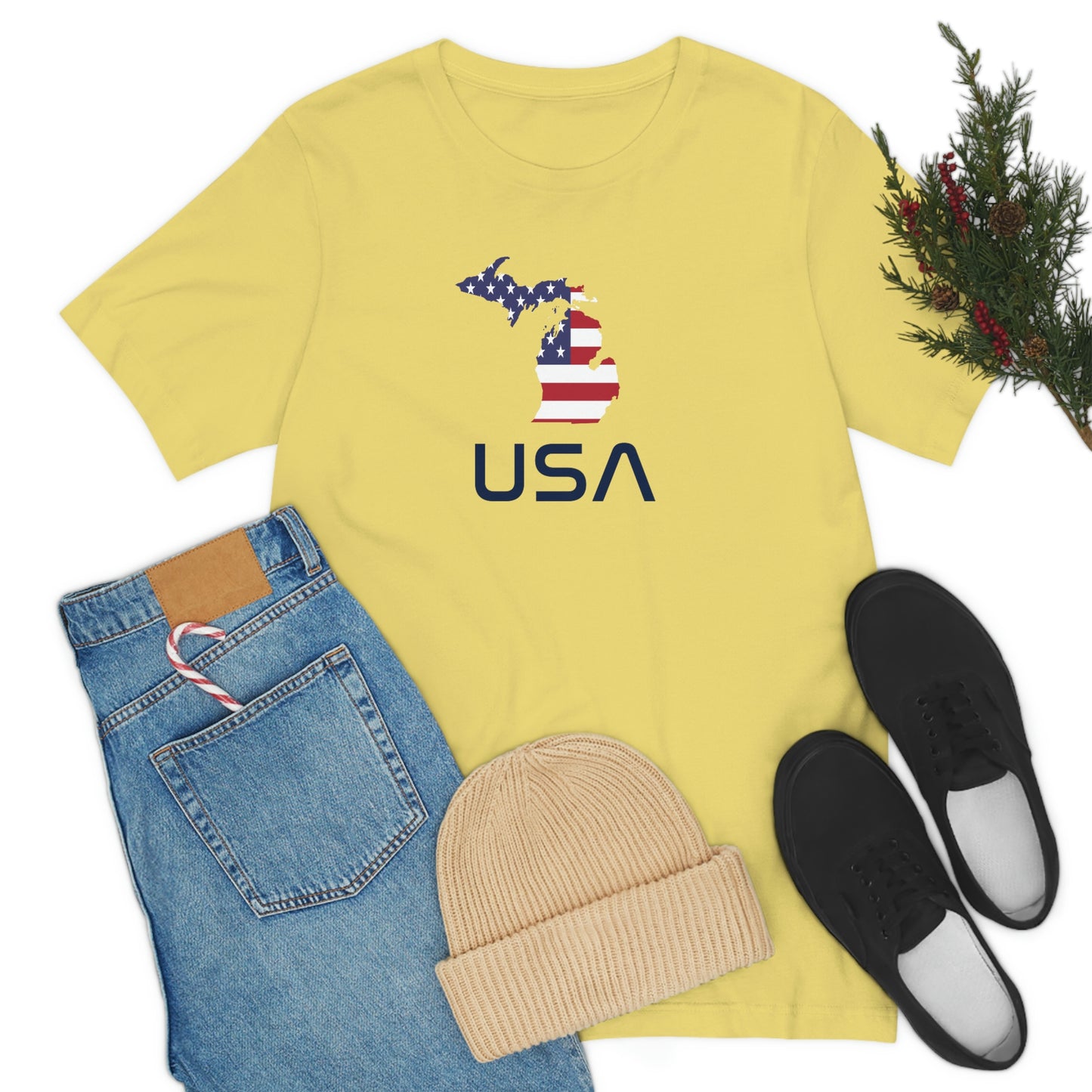 Michigan 'USA' T-Shirt (Space Agency Font w/ MI USA Flag Outline) | Unisex Standard Fit