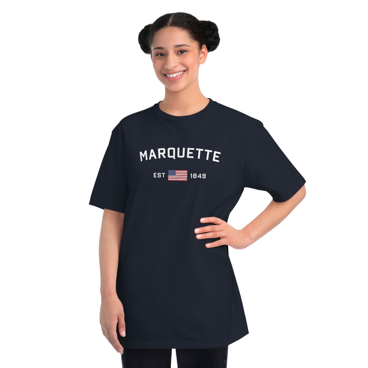 'Marquette EST 1849' T-Shirt (White/Navy Type w/ USA Flag | Organic Unisex